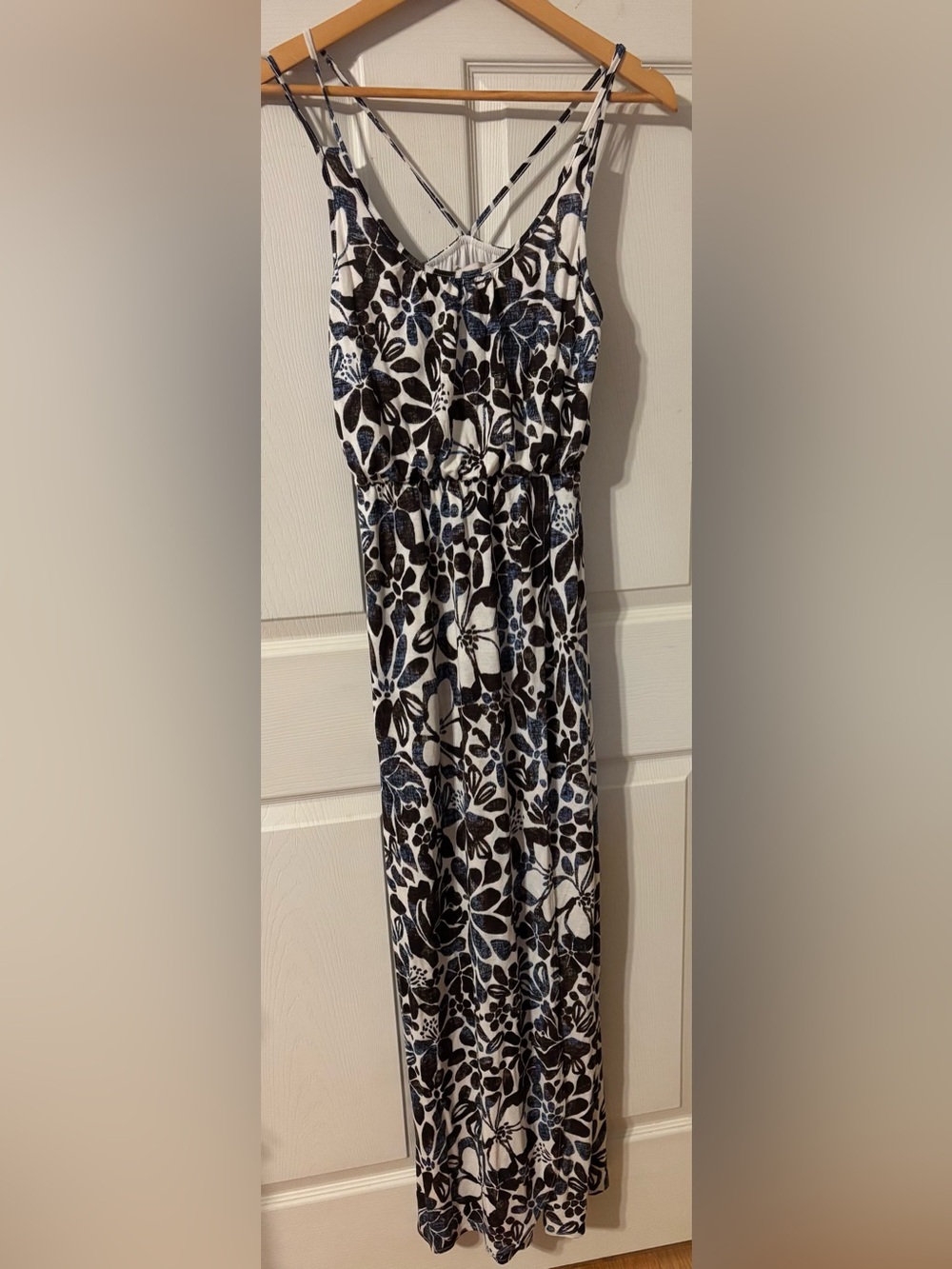LOFT White Maxi Dress with Black and Blue Floral Print